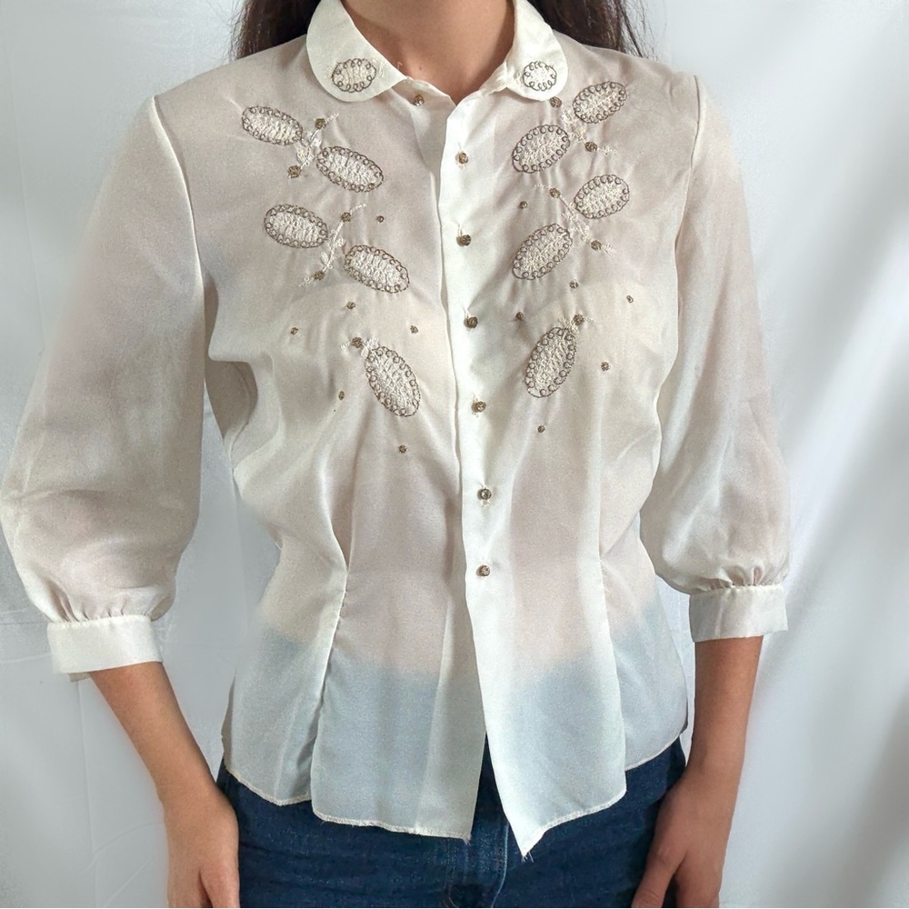 Vintage 50s Judy bond sheer embroidered blouse top Peter Pan collar small